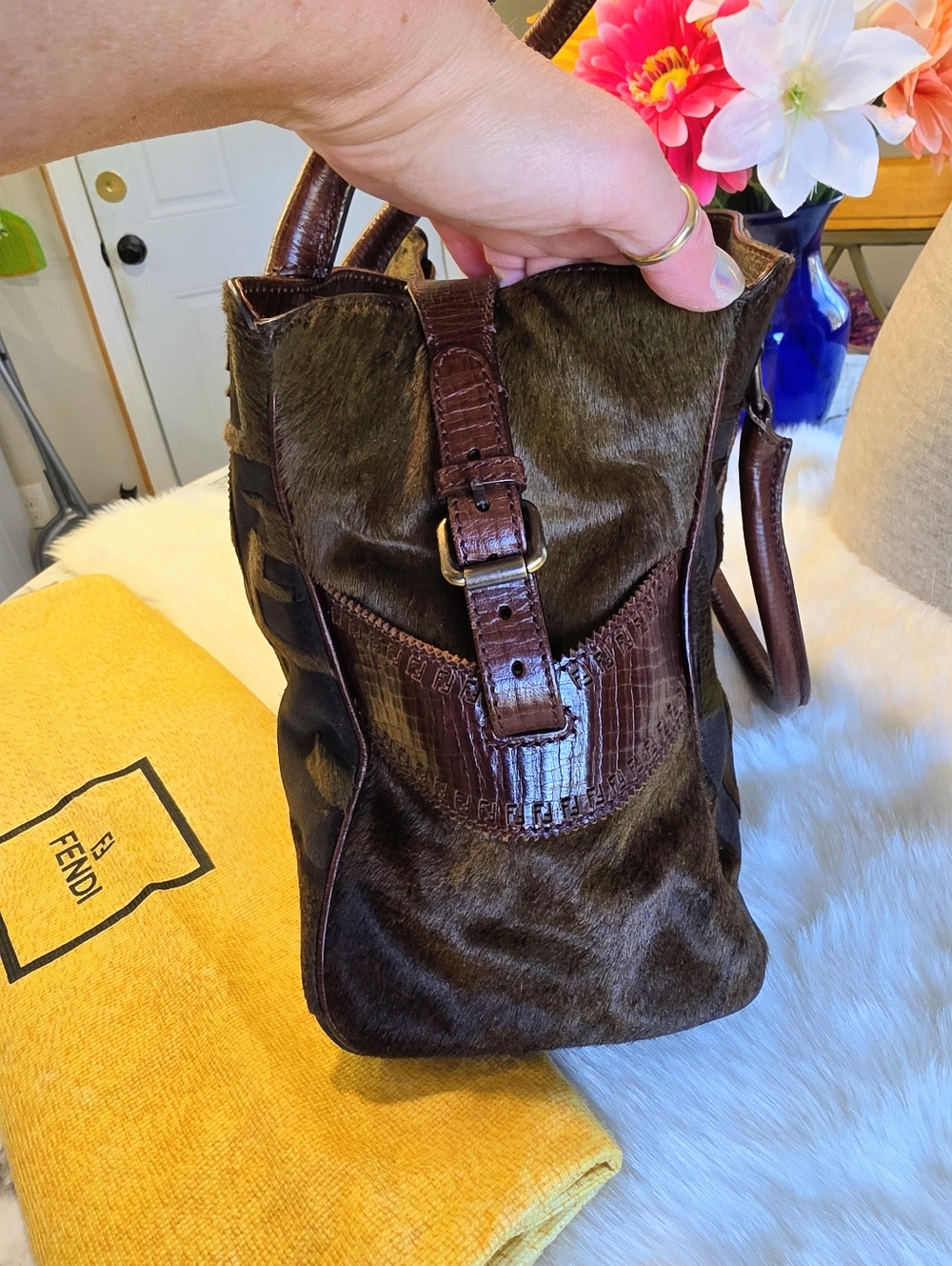 Fendi Zucca FF Pony Hair & Suede Satchel with Leather Handles EUC - Picture 8 of 16